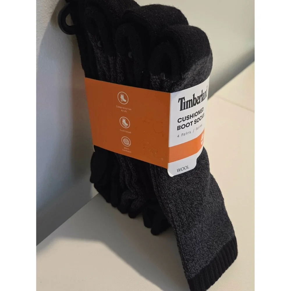 Timberland Mens Cushioned Boot Socks 4 Pairs Wool Blend  Black Size 9-12 NEW